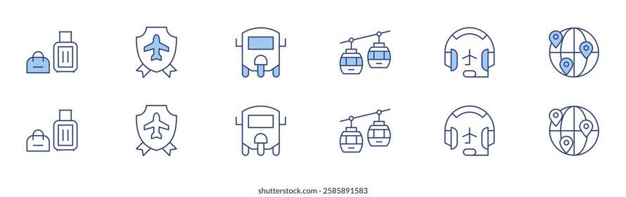 Travel icon set in two styles, Duotone and Thin Line style. Editable stroke. cable car, headset, luggage, shield, travel, tuk tuk.