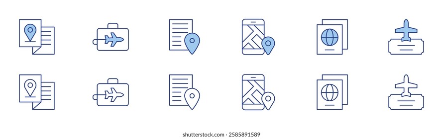 Travel icon set in two styles, Duotone and Thin Line style. Editable stroke. brochure, business trip, check in, checklist, passport, plane ticket.