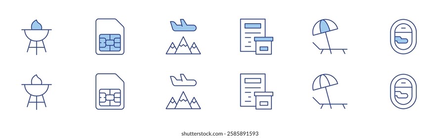 Travel icon set in two styles, Duotone and Thin Line style. Editable stroke. barbecue, custom clearance, sim card, sunbed, travel, window.