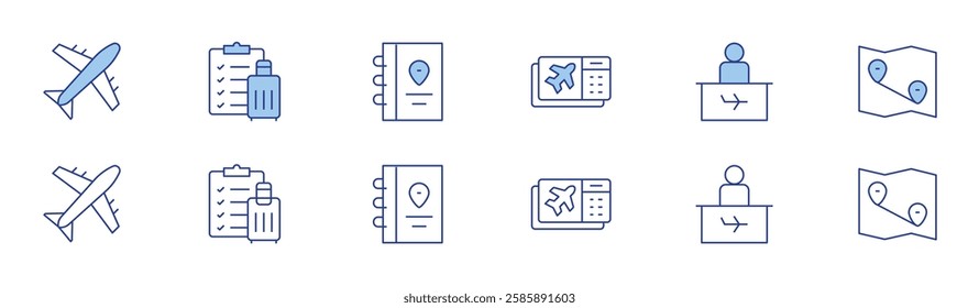 Travel icon set in two styles, Duotone and Thin Line style. Editable stroke. airplane, boarding pass, check in desk, check list, diary, map.