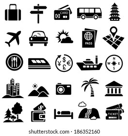 travel icon set of vacation tourism, place, transportation, airplane, car, train, bus, boat, map and money