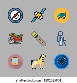 travel icon set. vector set about compass, retirement, school bus and sled icons set.