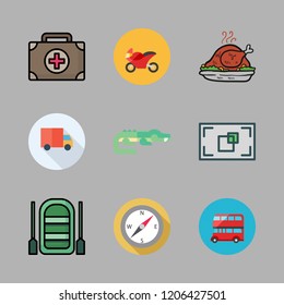 travel icon set. vector set about side view, focus, bus and motorbike icons set.