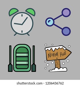 travel icon set. vector set about share, alarm clock id, north pole and inflatable boat icons set.