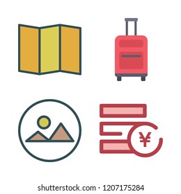 travel icon set. vector set about landscape, yen, map and suitcase icons set.