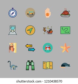 travel icon set. vector set about starfish, school bus, map and palm icons set.