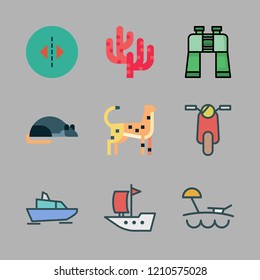 travel icon set. vector set about coral, cheetah, animals and binoculars icons set.