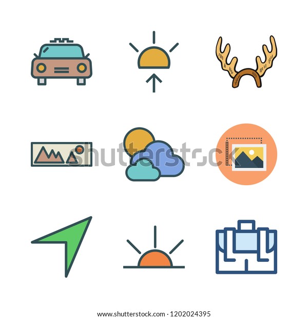 travel icon set. vector set about\
reindeer, cloudy, landscape and briefcase icons\
set.