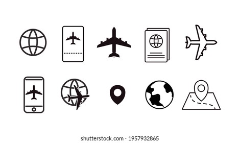 Travel Icon Set. Vector black and white isolated illustration of travel related icons