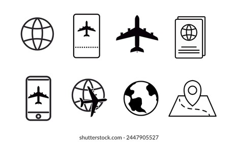 Travel Icon Set. Vector black and white isolated illustration of travel related icons