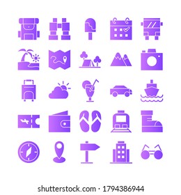 Icono de viaje conjunto gradiente vector para sitio web, aplicación móvil, presentación, medios sociales. Adecuado para la interfaz de usuario y la experiencia del usuario.