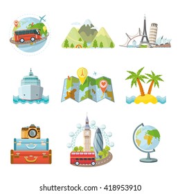 Travel icon set. Vector icons isolated. Travel and tourism locations.Logo for travel agency