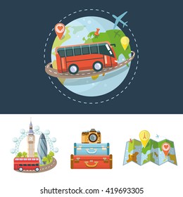 Travel icon set. Vector icons isolated. Travel and tourism locations.Logo for travel agency