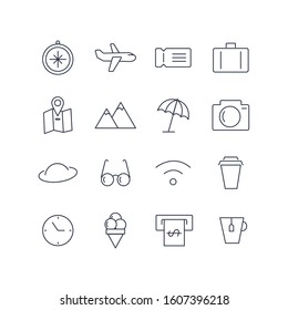Travel icon set vector illustration, tourism, vacation, relax, map, plane, arrive, glasses, summer, tea, coffee, bag, white.