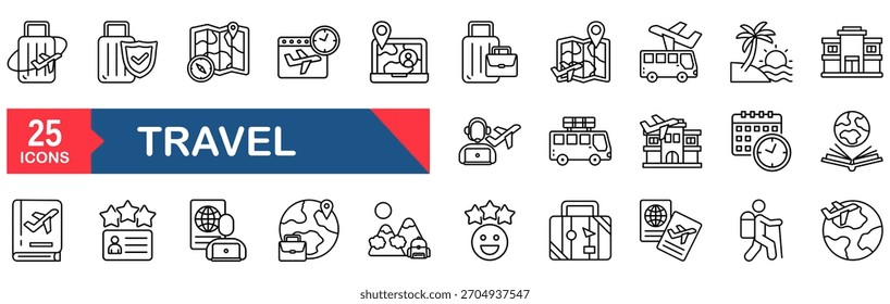 Conjunto de ícones de viagem. conceito de ilustração vetorial para férias, hotel, férias, turismo turístico, praia, avião, mala