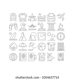 Travel icon set vector isolated with black thin line style, suitable for your holiday content