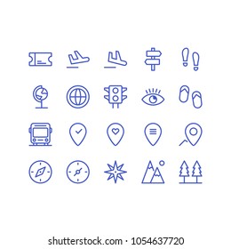 Travel icon set vector isolated with blue line style, suitable for your holiday content