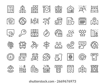 Travel icon set. Vector line icons collection. Outline symbols. Modern design
