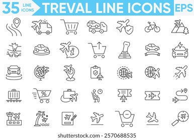 Travel Icon set.Adventure, landmarks, journey, culture, vacation, nature, Airport, tickets, tour, relax, hotel, recreational, destinations, essentials and more.Vector and illustrator set.