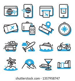 Travel icon set.thin line and blue - black color theme.