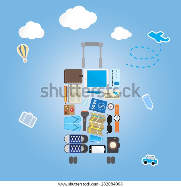 travel icon setting in luggage shape on blue\
background with sticker\
icon