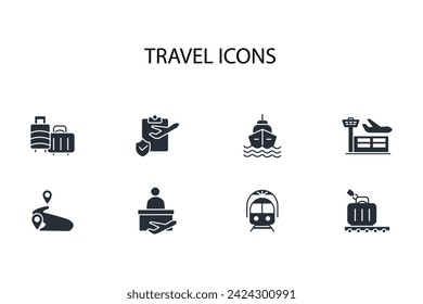 Juego de iconos de viaje.vector.Curso editable.Signo de estilo lineal para usar diseño web,logotipo.Ilustración de símbolo.