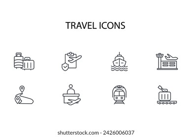 Conjunto de iconos de viaje.vector.Trazo editable.signo de estilo lineal para el uso de diseño web,logo.Ilustración de símbolo.