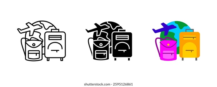 Travel icon. Suitcase, backpack and airplane symbolizing global tourism and adventure. Luggage and journey concept vector illustration. Vacation planning, trip and exploring new destination concept.