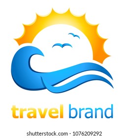 travel icon with sun, water waves und gulls