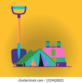 Travel icon symbol collection. Vector illustration tourist tent and shovel 