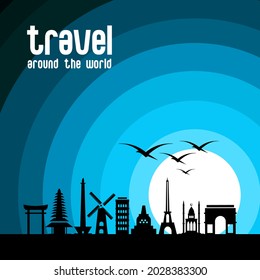 travel icon vector depicting world famous building with blue moon