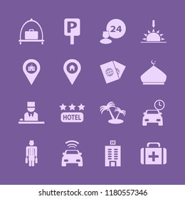 travel icon. travel vector icons set university location, sunset, first aid bag and baggage cart