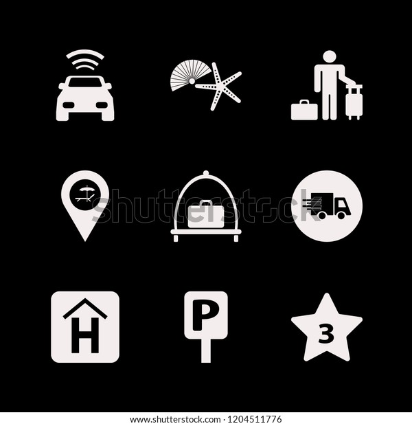 travel icon. travel vector\
icons set hotel three stars, beach location, fast delivery truck\
and guest