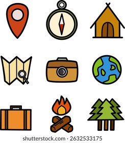 Travel icon vector set, 9 symbols for tourism and advanture, included location pin, suitcase, forest, globe, camping tent, camera, map and navigation compass