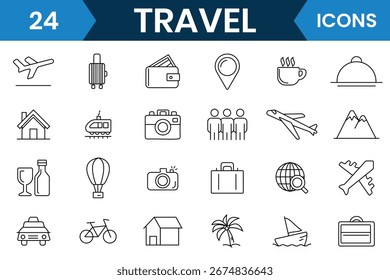 Conjunto de Vector de icono de viaje. Icono de viajes y vacaciones. Icono para hotel, vacaciones, turismo, playa, boletos, avión, mapa, maleta, barco, pasaporte y más. Ilustración vectorial.