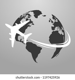 Travel icons with airplane fly around the earth