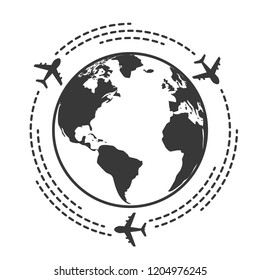 Travel icons with airplane fly around the earth