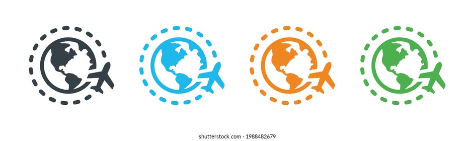 Travel icons with airplane fly around the earth. Vector illustration