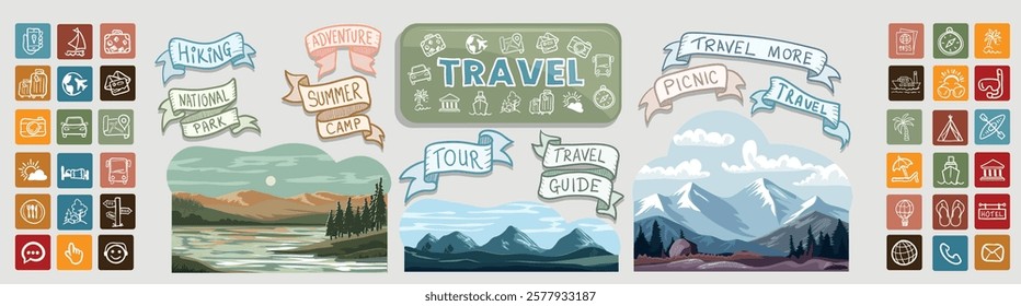 Travel icons, banners and landscape illustration perfect for web, journal, blog and social networks.