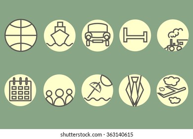 Travel icons. Black contour train, ship, car, plane, train, parasol in beige circle, on a pastel green contour, vector