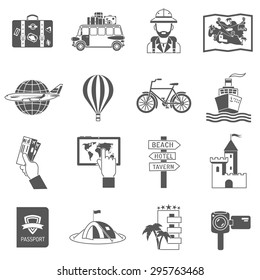 Travel icons black set with globe bicycle palm bus isolated vector illustration