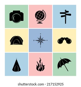 Travel icons, black, vector