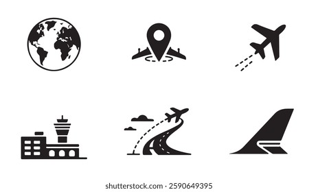 Travel icons, black and white, minimalist design, globe, location pin, airplane, airport control tower, flight path with clouds, airplane tail, vector graphics, 