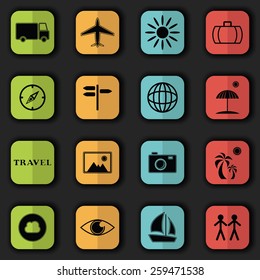 Travel icons in bright colors. Vector set of buttons. Original style   