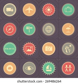 Travel icons, bright colors. Vector labels. Original design   