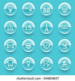 Travel icons with buttons on blue background.