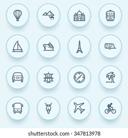 Travel icons with buttons on blue background.