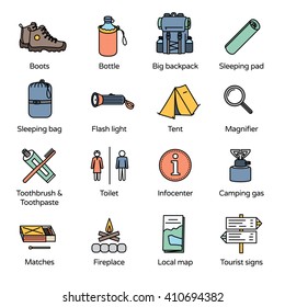 Travel Icons Collection 3. Basic accessories for trekking, camping and outdoor traveler in line icons style.