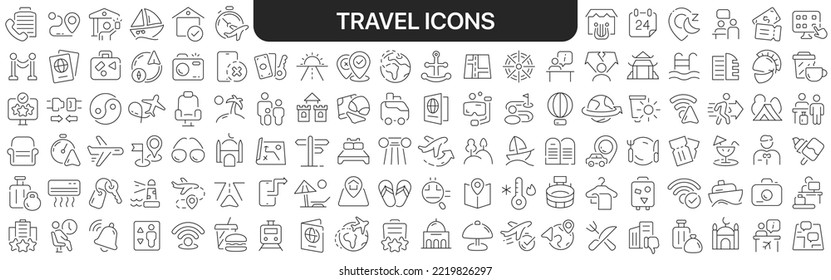 Travel icons collection in black. Icons big set for design. Vector linear icons