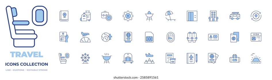 Travel icons collection. Line Duotone style, editable stroke. barbecue, earth globe, hotel cart, passport, sim card, travel, ferris wheel, passport control, seat, travelling.